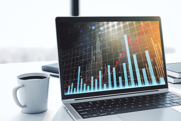 Modern computer monitor with abstract creative financial chart research and strategy concept 3D Rendering