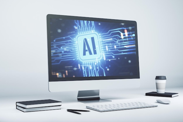 Modern computer monitor with creative artificial Intelligence icon Neural networks and machine learning concept 3D Rendering