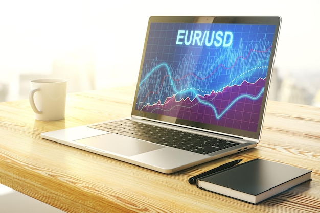 Modern computer monitor with creative EURO USD forex chart hologram Banking and investing concept 3D Rendering