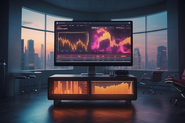 Modern computer monitors with stock market data on screen Financial and trading concept 3D Renderi