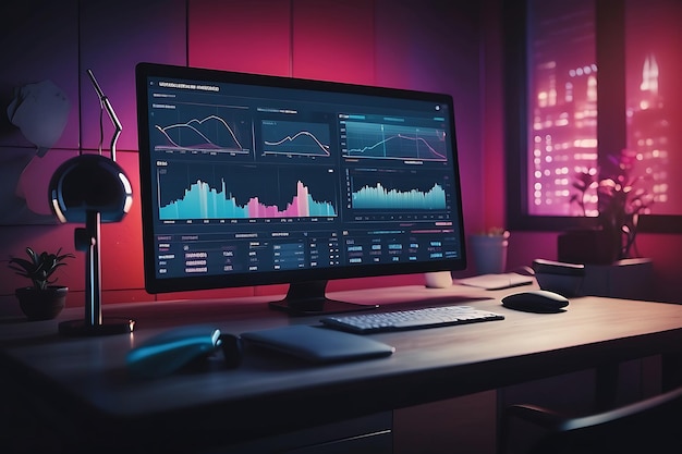 Modern computer monitors with stock market data on screen Financial and trading concept 3D