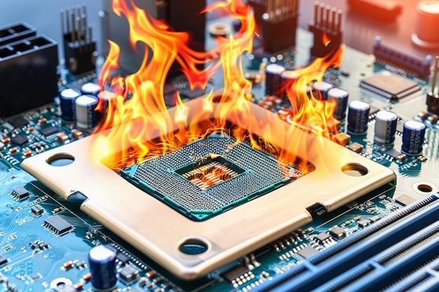 Modern computer processors on the motherboard in fire and smoke background