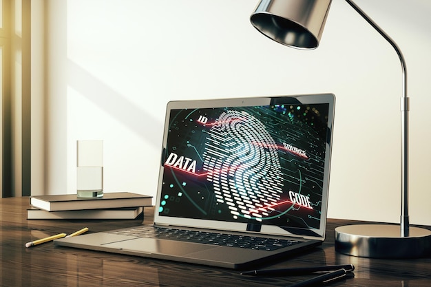 Modern computer screen with creative fingerprint hologram personal biometric data concept 3D Rendering