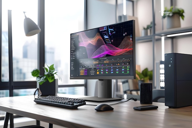 Modern Computer Setup with HighResolution Monitor and Minimalist Desk for Enhanced Productivity