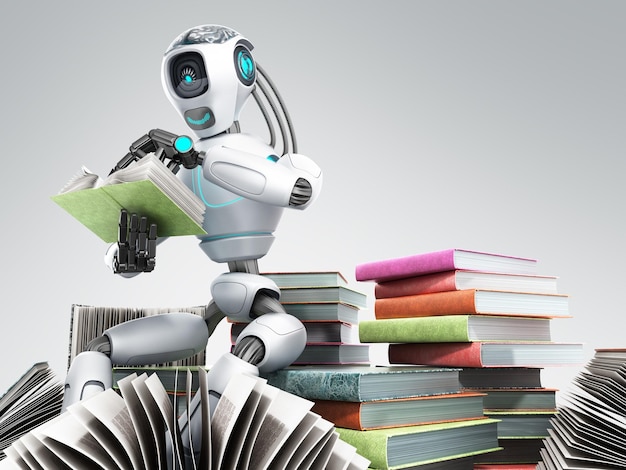 Photo modern concept of piece intelligence robot is reading books sitting on a pile of books3d render on grey