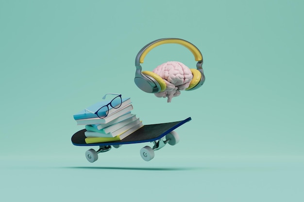 Modern concept of training brain in headphones books glasses on a skateboard