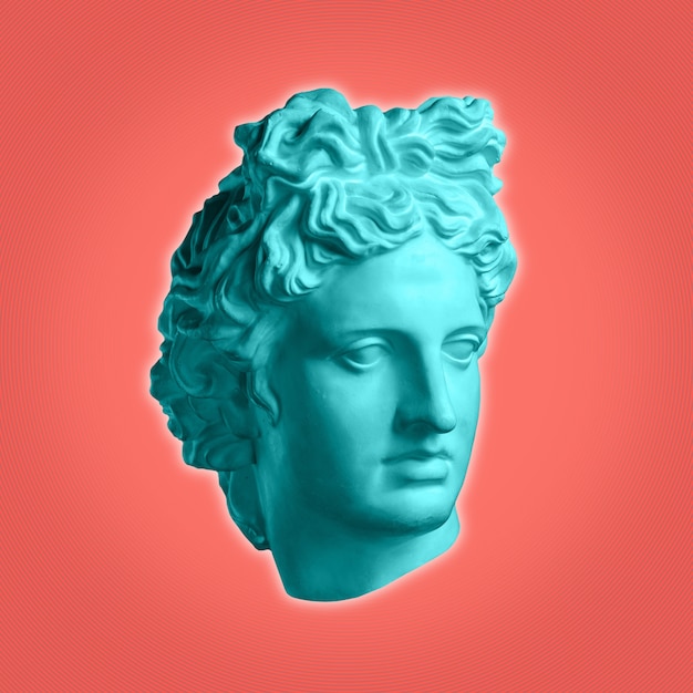 Modern conceptual art colorful poster with ancient statue of bust of Apollo. Collage of contemporary art.