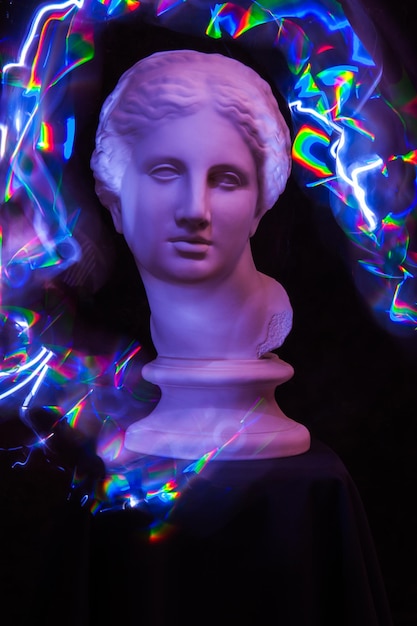 Modern conceptual art poster with ancient statue of bust of Venus. Collage of contemporary art.