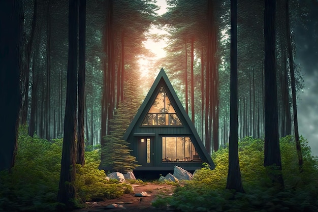 Modern conceptual triangular cottage in forest in fog of tiny house