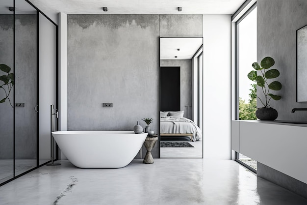 Modern concrete bedroom with white bathroom minimalist design