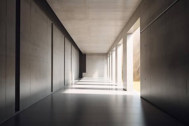 Modern concrete corridor interior with empty mock up place on wall pillars and daylight AI generated