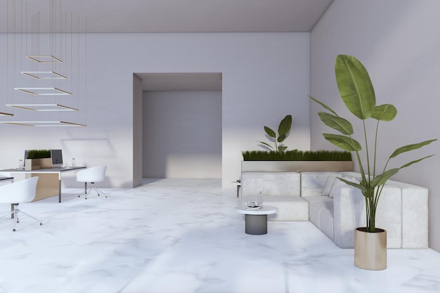 Modern concrete coworking office interior with plants furniture and creative lamps 3D Rendering