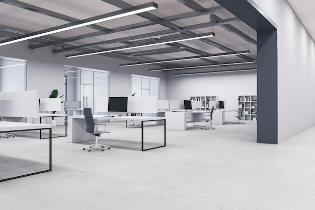 Modern concrete coworking office interior with windows equipment furniture and other items 3D Rendering