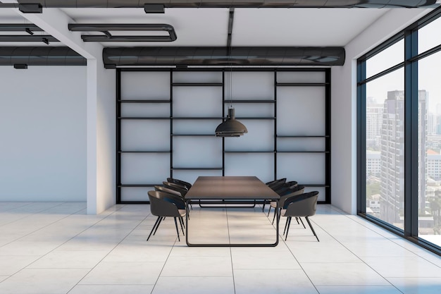 Modern concrete and dark wooden industrial style meeting room interior with panoramic window and city view Workplace and presentation concept 3D Rendering