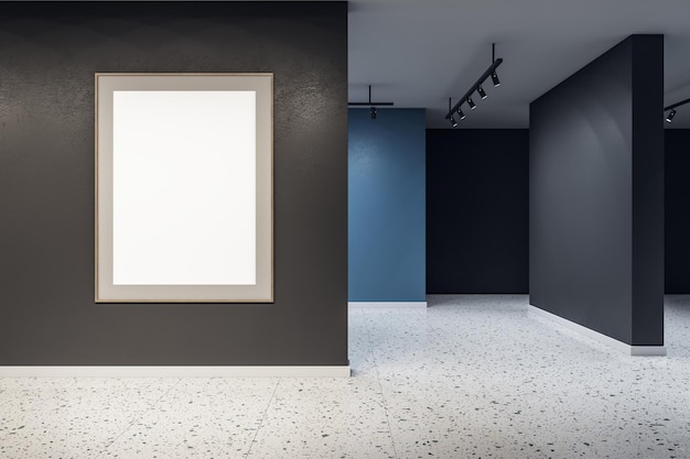 Modern concrete exhibition hall interior with empty white mock up banner on wall Art and museum concept 3D Rendering