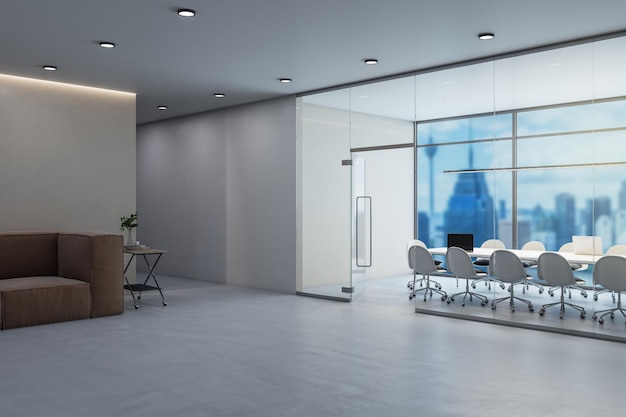 Modern concrete glass conference room interior with window and blurry city view furniture and equipment 3D Rendering