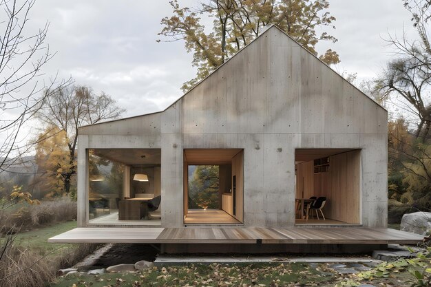 Photo modern concrete house with large windows and wooden deck