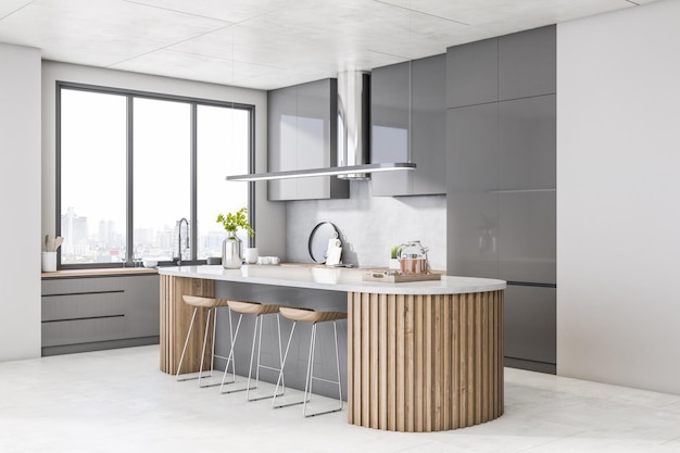 Modern concrete kitchen interior with wooden island panoramic city view and daylight 3D Rendering