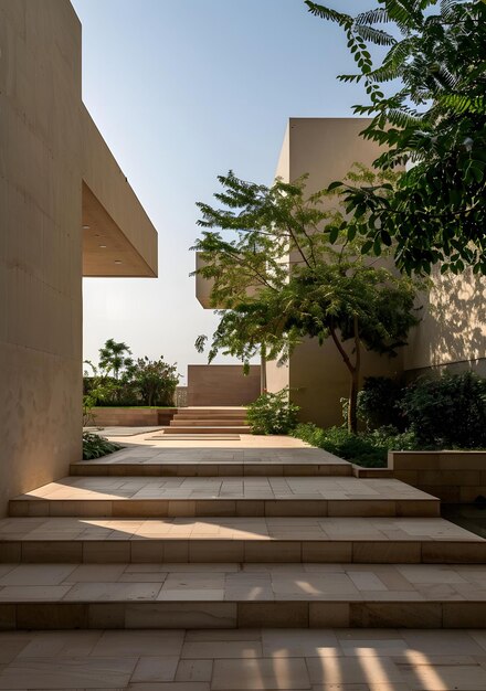 Modern Concrete Stairs Leading to a Tranquil Courtyard