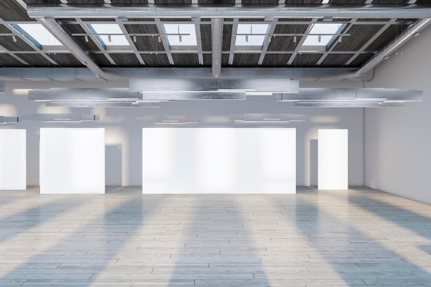 Modern concrete and wooden exhibition hall interior with empty white mock up banners and sunlight 3D Rendering