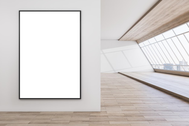 Photo modern concrete and wooden interior with mock up banner on empty wooden wall panoramic window with city view and daylight minimalism concept 3d rendering