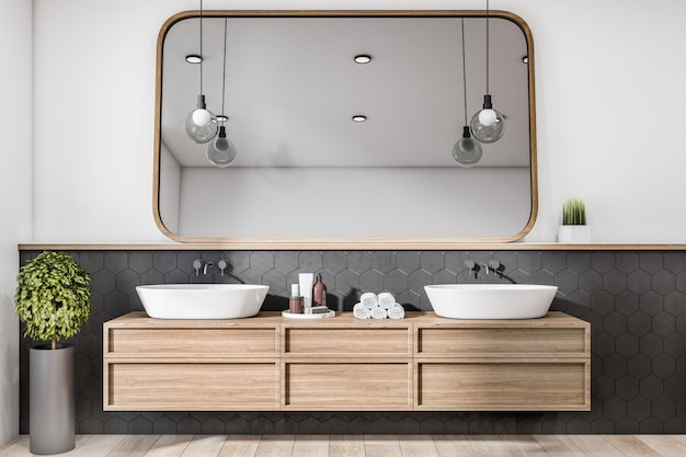 Modern concrete and wooden luxury bathroom interior with mirror various objects Hotel and luxury home concept 3D Rendering