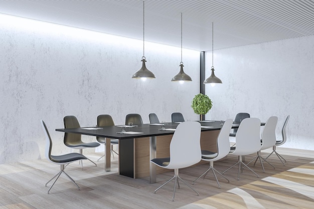 Modern concrete and wooden meeting room interior with table computer monitors armchairs and decorative plant 3D Rendering