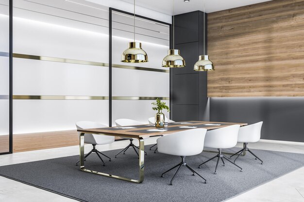 Modern concrete and wooden meeting room office interior with furniture glass walls and carpet 3D Rendering