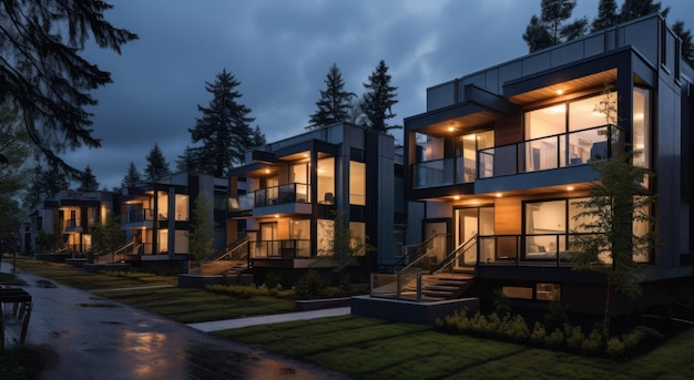 Modern condo townhouses in evening