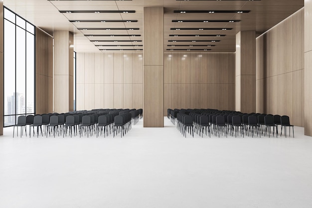 Modern conference hall with rows of seating and wood finishes Event space design 3D Rendering