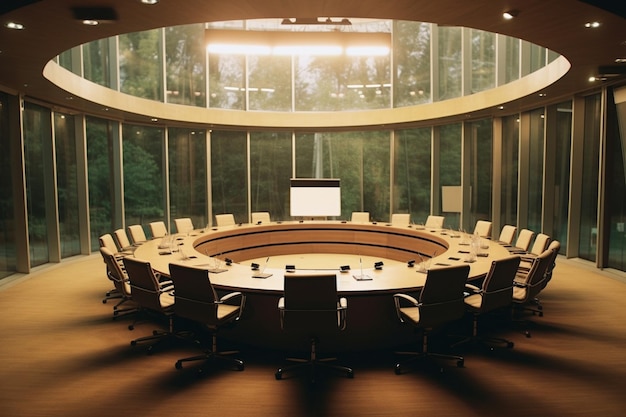 Modern conference room and circle table in office and city view 3D Render High quality photo