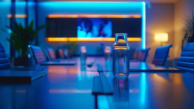 Modern conference room featuring sleek design and blue ambient lighting perfect for meetings and presentations