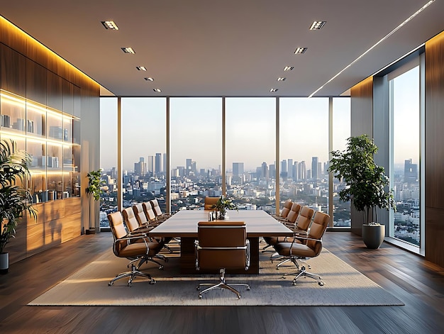 Modern Conference Room Interior 3D Illustration with City Skyline View