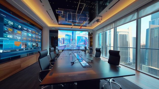 Modern Conference Room with City View and HighTech Displays A contemporary conference room w