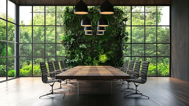 Modern Conference Room with FloortoCeiling Windows and Living Green Wall