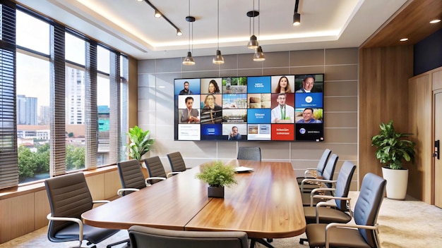 Photo modern conference room with large screen displaying a video conference