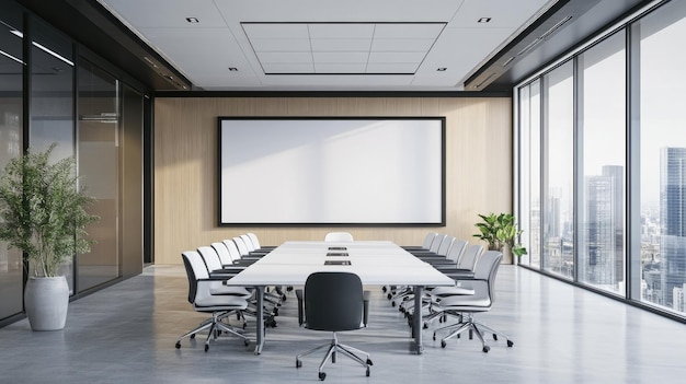 Modern Conference Room with Large Window View and Blank Screen