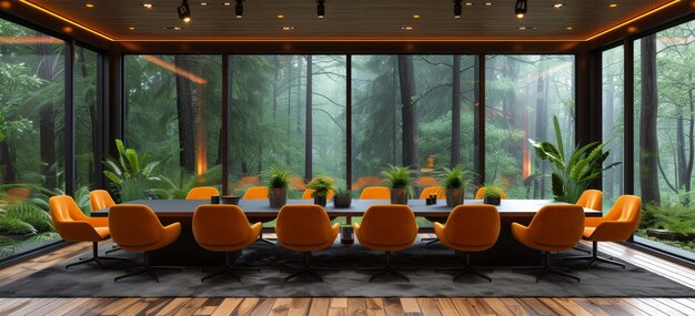 Photo modern conference room with orange chairs overlooking a serene forest