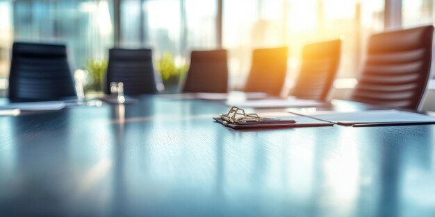 Photo a modern conference room with a polished table chairs papers and natural light creating a professional atmosphere