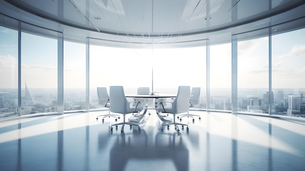 Modern conference room with round table and chair with big glass window