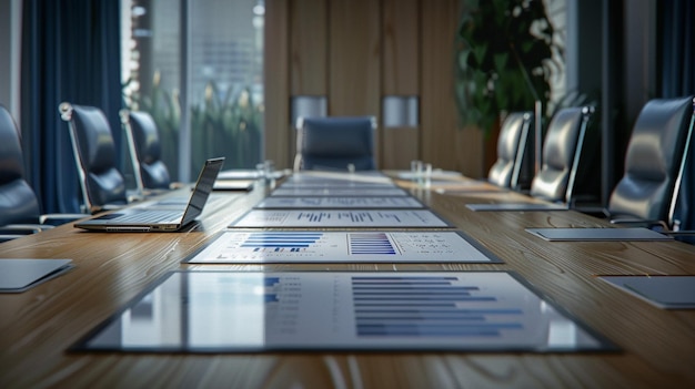 Modern Conference Table with Laptops and Charts