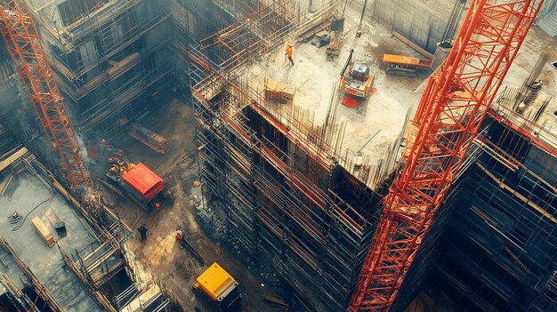 Modern Construction Site with Cranes and Scaffolding Image of Work Process