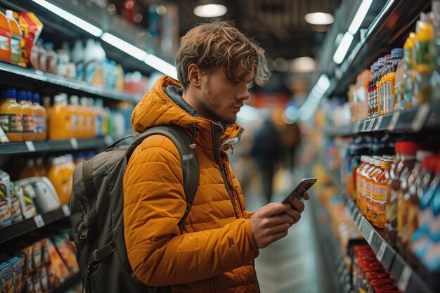 Photo modern consumer experience young man scanning milk qr in supermarket with diverse stock