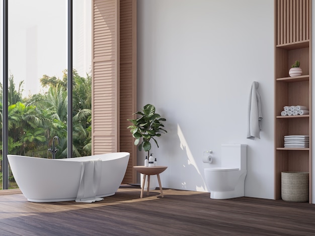 Modern contemporary bathroom with tropical style garden view 3d render overlook nature view