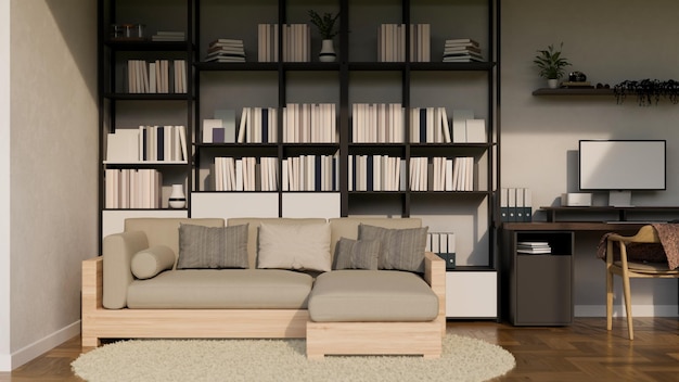 Modern contemporary home living room interior with comfy sofa bookshelves working space