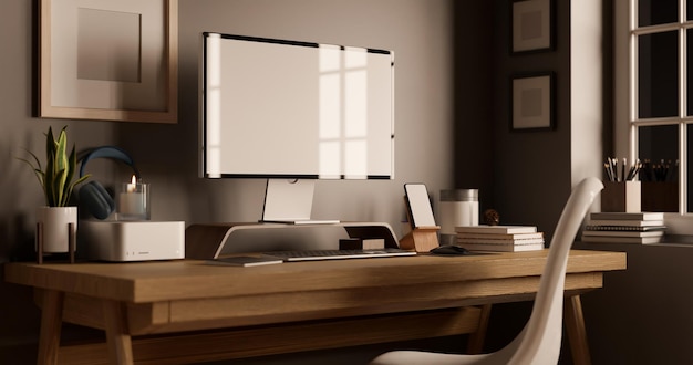 Modern contemporary home working space with pc computer mockup and accessories on stylish wood table