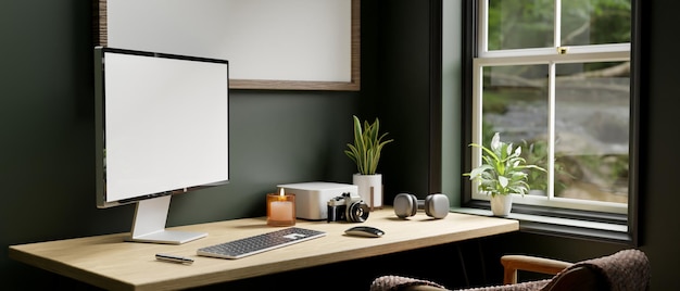 Modern contemporary home workspace with pc computer on table over dark green wall 3d rendering