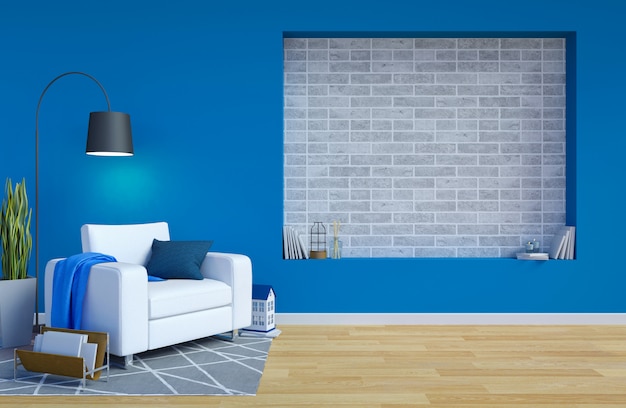 Modern Contemporary Living Room Interior with Blue Wall and Copy Space for Mock Up, 3D Rendering