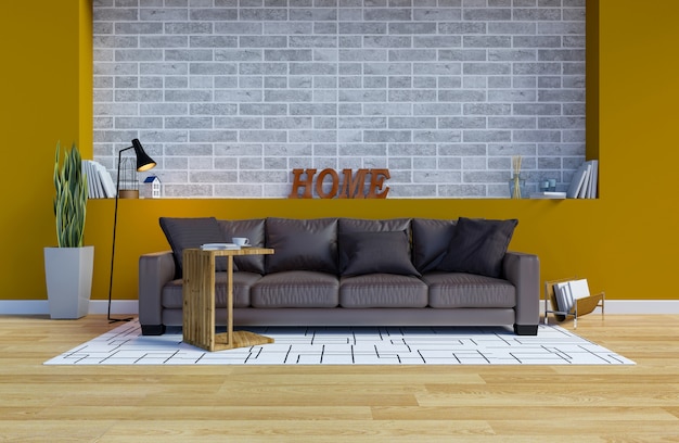 Modern Contemporary Living Room Interior with Yellow Wall and Copy Space on Wall