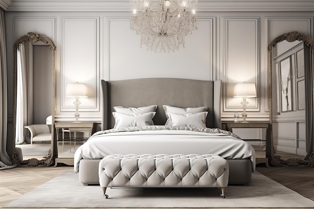 Modern contemporary loft bedroom Luxurious large bedroom Luxury double bedroom with golden furniture in royal interior Luxurious bedroom with gilt double bed and bedside tables Generative AI